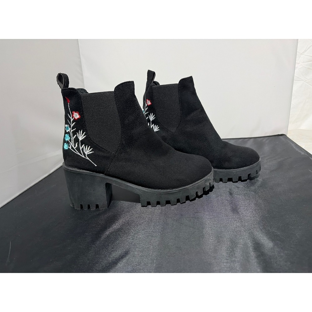 Black Faux Suede Floral Embroidered Lug Sole Chelsea Boots Block Heel Size 41